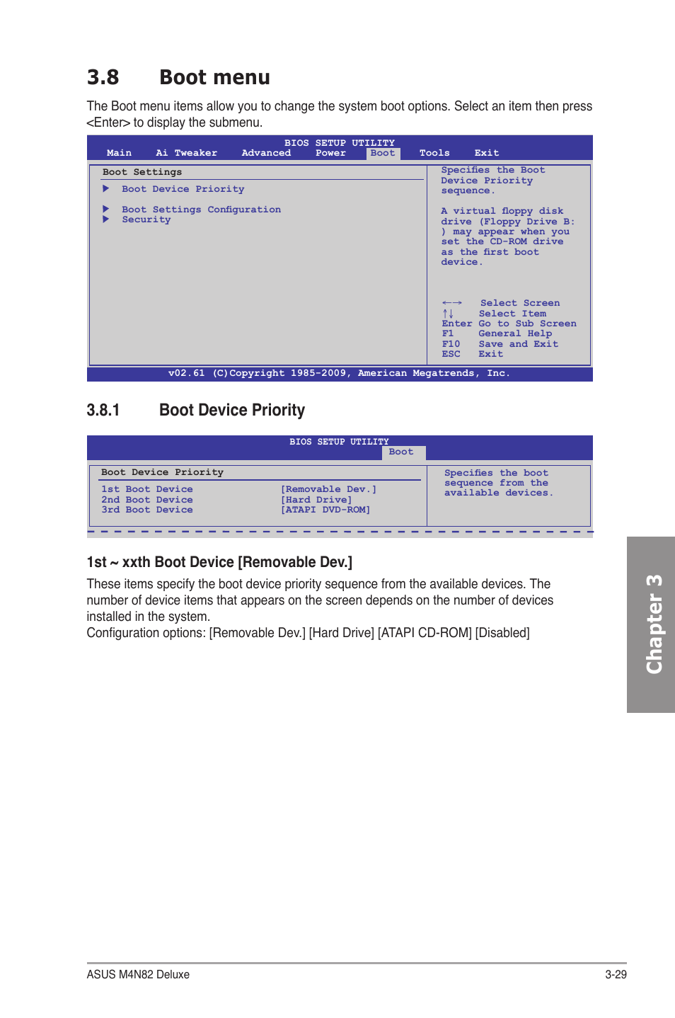 8 boot menu, 1 boot device priority, Boot menu -29 3.8.1 | Boot device priority -29, Chapter 3 3.8 boot menu, 1st ~ xxth boot device [removable dev | Asus M4N82 Deluxe User Manual | Page 89 / 128