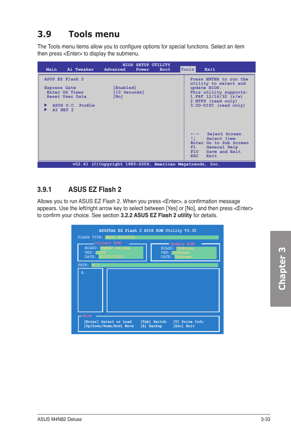 9 tools menu, 1 asus ez flash 2, Tools menu -33 3.9.1 | Asus ez flash 2 -33, Chapter 3 3.9 tools menu | Asus M4N82 Deluxe User Manual | Page 93 / 128