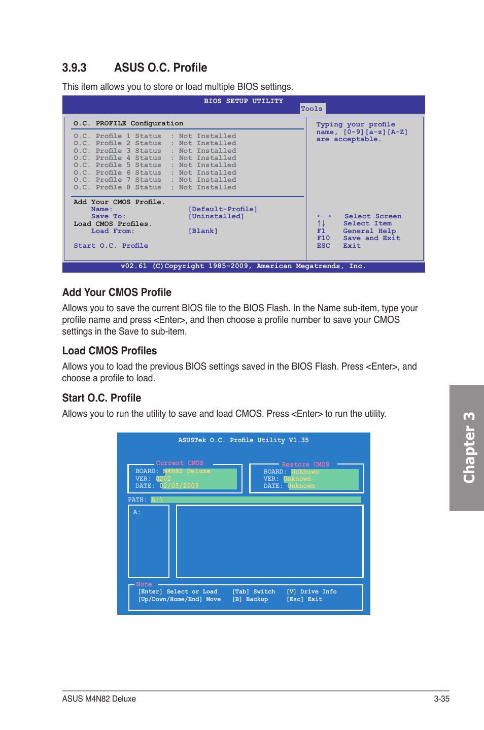 3 asus o.c. profile, Asus o.c. profile -35, Chapter 3 | Add your cmos profile, Load cmos profiles, Start o.c. profile | Asus M4N82 Deluxe User Manual | Page 95 / 128