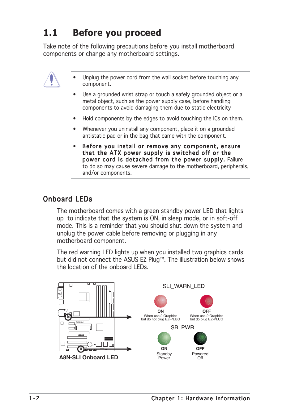 1 before you proceed, Onboard leds | Asus A8N-SLI User Manual | Page 10 / 74