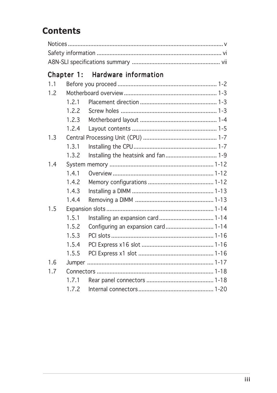 Asus A8N-SLI User Manual | Page 3 / 74