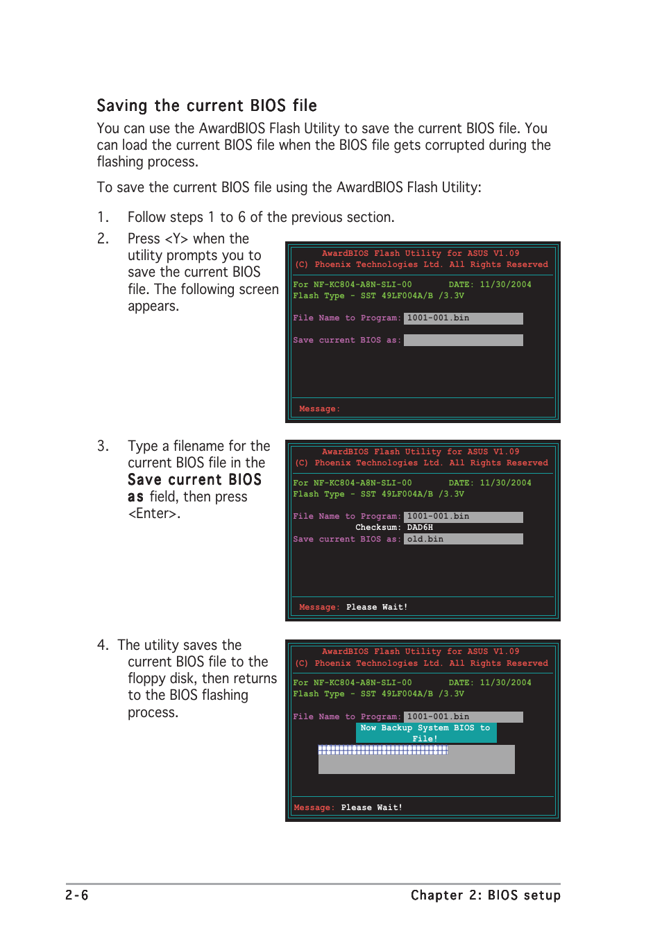 Saving the current bios file | Asus A8N-SLI User Manual | Page 42 / 74