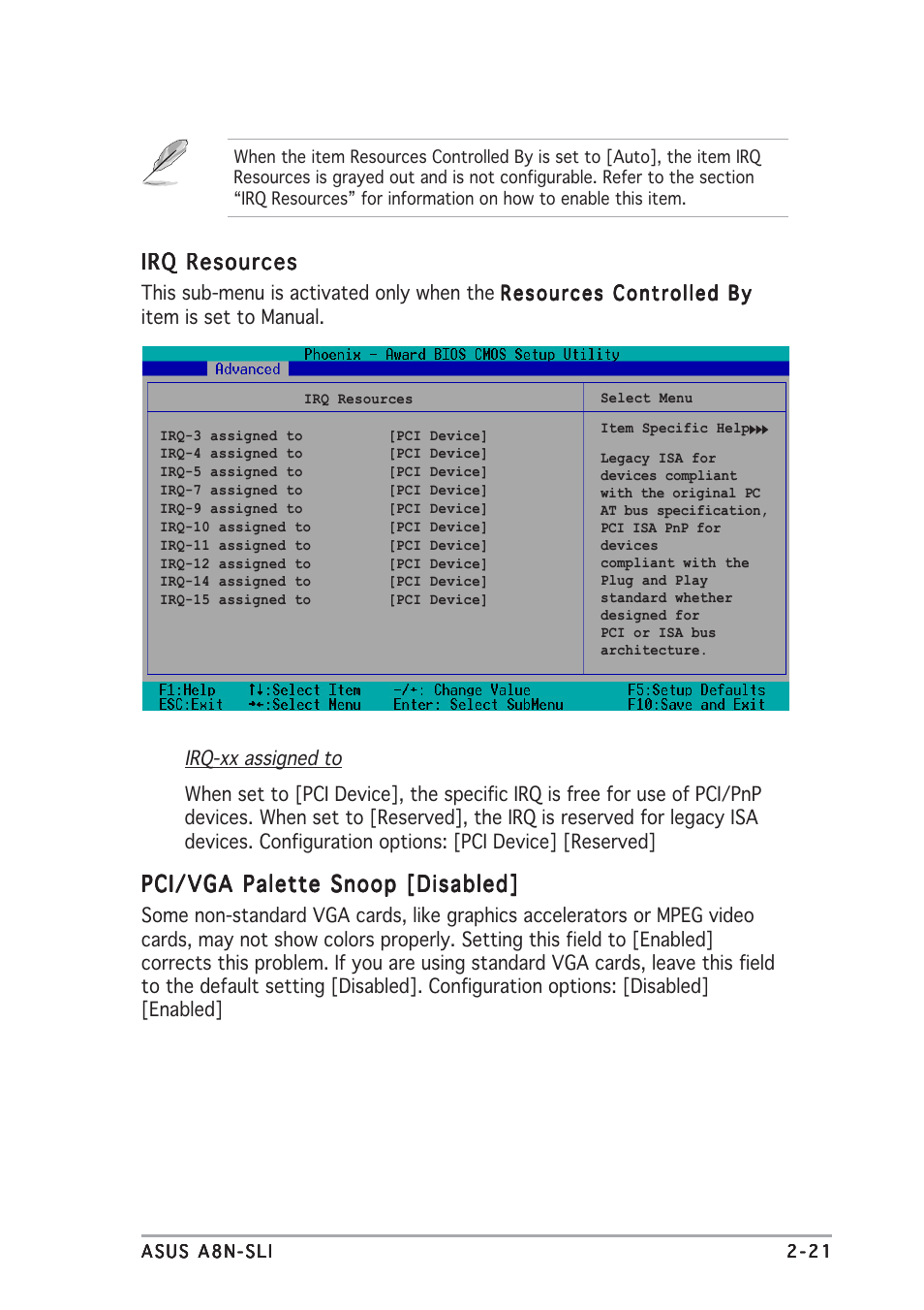 Pci/vga palette snoop [disabled, Irq resources | Asus A8N-SLI User Manual | Page 57 / 74