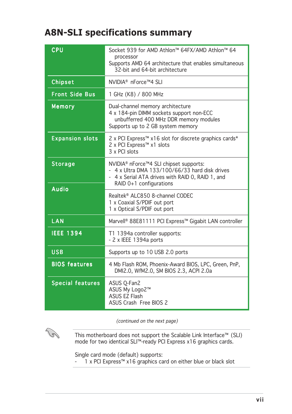 A8n-sli specifications summary | Asus A8N-SLI User Manual | Page 7 / 74