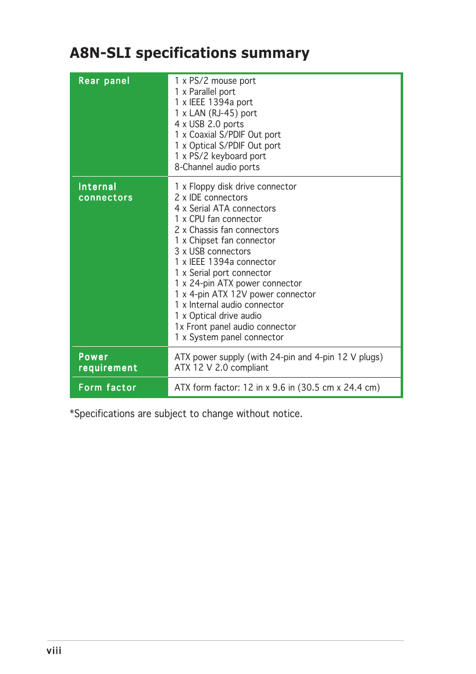 A8n-sli specifications summary | Asus A8N-SLI User Manual | Page 8 / 74