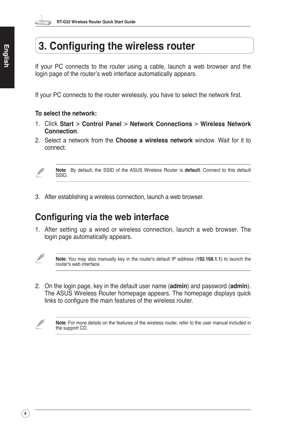 Configuring the wireless router, Configuring via the web interface | Asus RT-G32 User Manual | Page 4 / 12