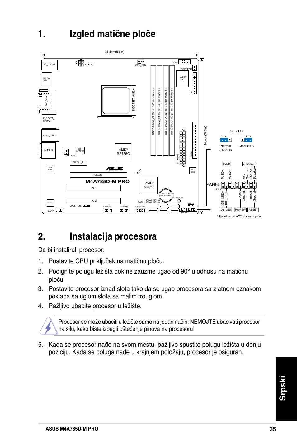 Izgled matične ploče . instalacija procesora, Srpski, Asus m4a785d-m pro | Panel | Asus M4A785D-M PRO User Manual | Page 11 / 38