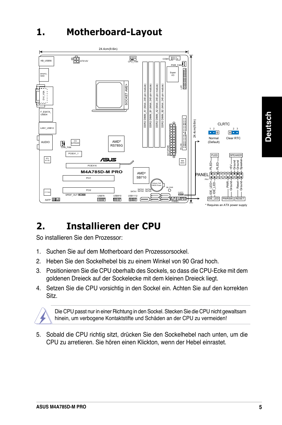 Motherboard-layout 2. installieren der cpu, Deutsch, Asus m4a785d-m pro | Panel | Asus M4A785D-M PRO User Manual | Page 14 / 38