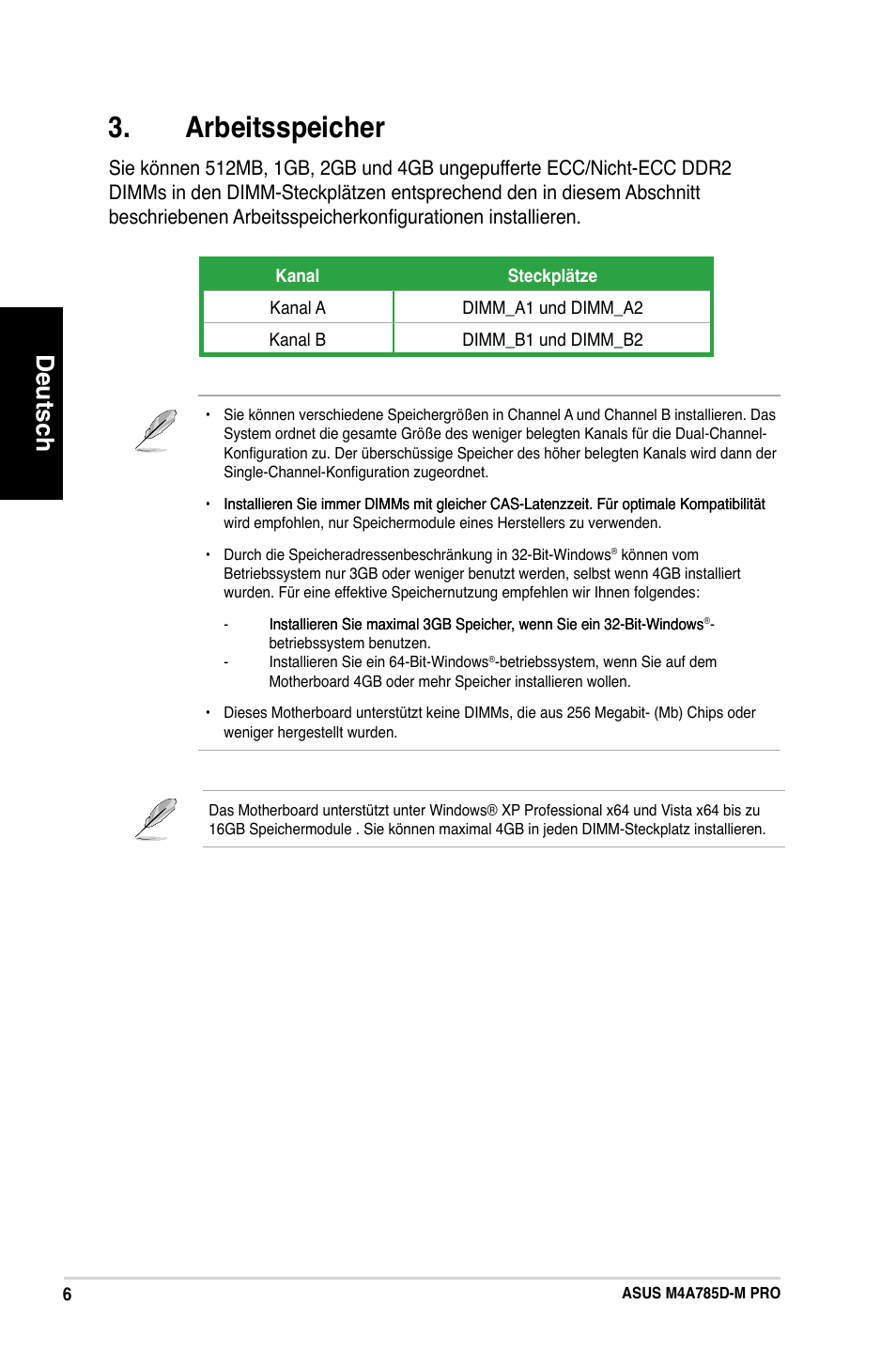 Arbeitsspeicher, Deutsch | Asus M4A785D-M PRO User Manual | Page 15 / 38