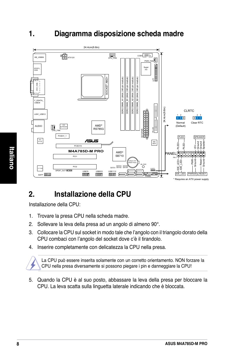 Italiano, Asus m4a785d-m pro, Panel | Asus M4A785D-M PRO User Manual | Page 17 / 38