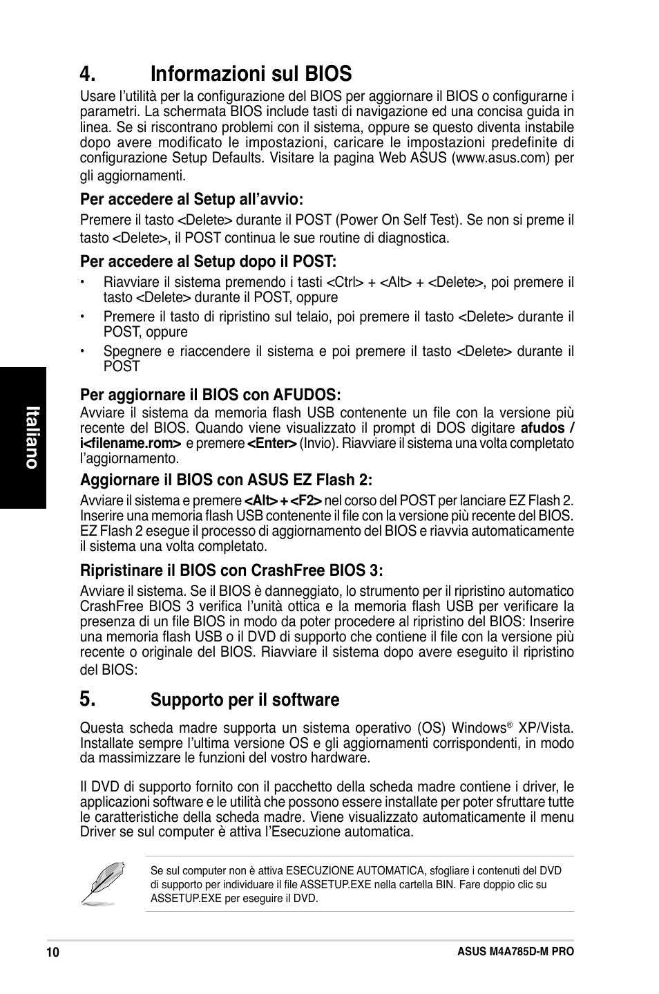 Informazioni sul bios, Italiano, Supporto per il software | Asus M4A785D-M PRO User Manual | Page 19 / 38