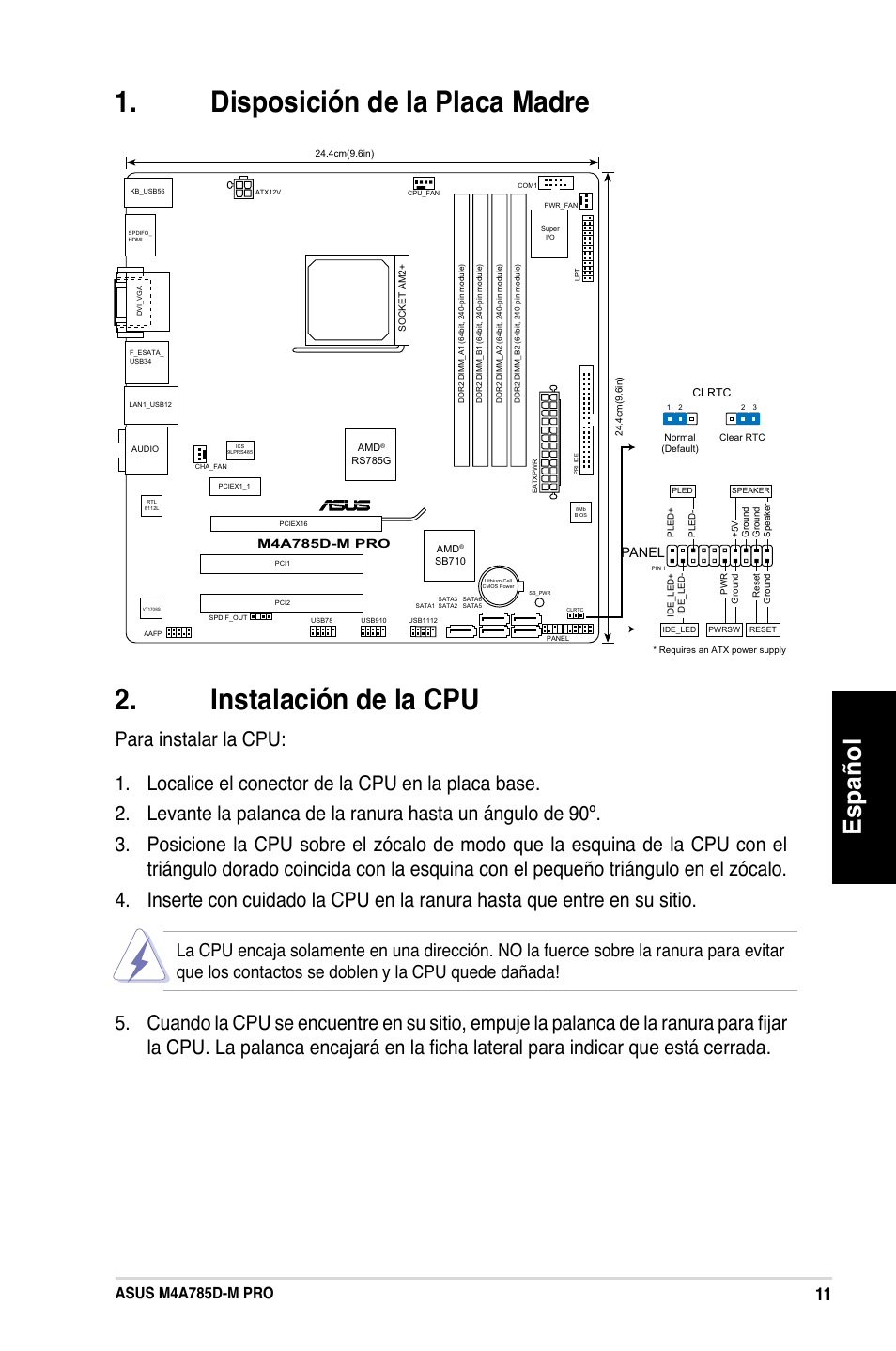 Español, Asus m4a785d-m pro, Panel | Asus M4A785D-M PRO User Manual | Page 20 / 38