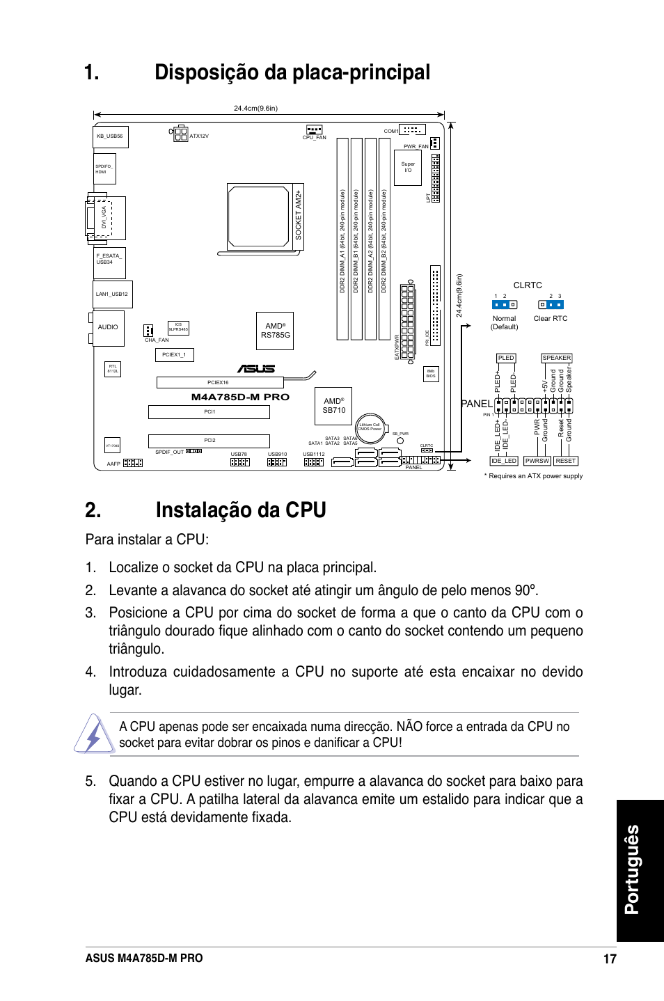 Disposição da placa-principal . instalação da cpu, Português, Asus m4a785d-m pro | Panel | Asus M4A785D-M PRO User Manual | Page 26 / 38