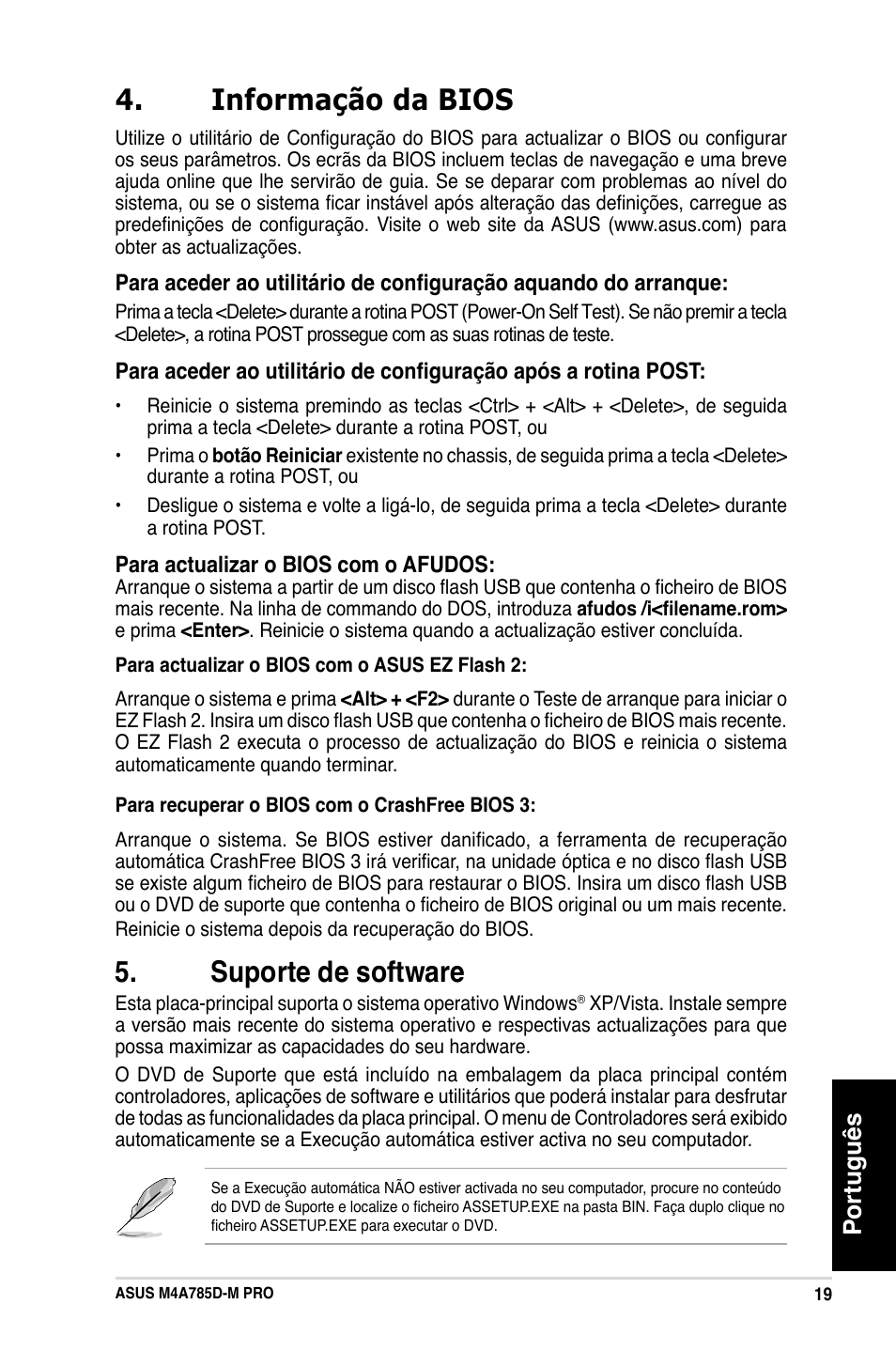 Informação da bios, Suporte de software, Português | Asus M4A785D-M PRO User Manual | Page 28 / 38