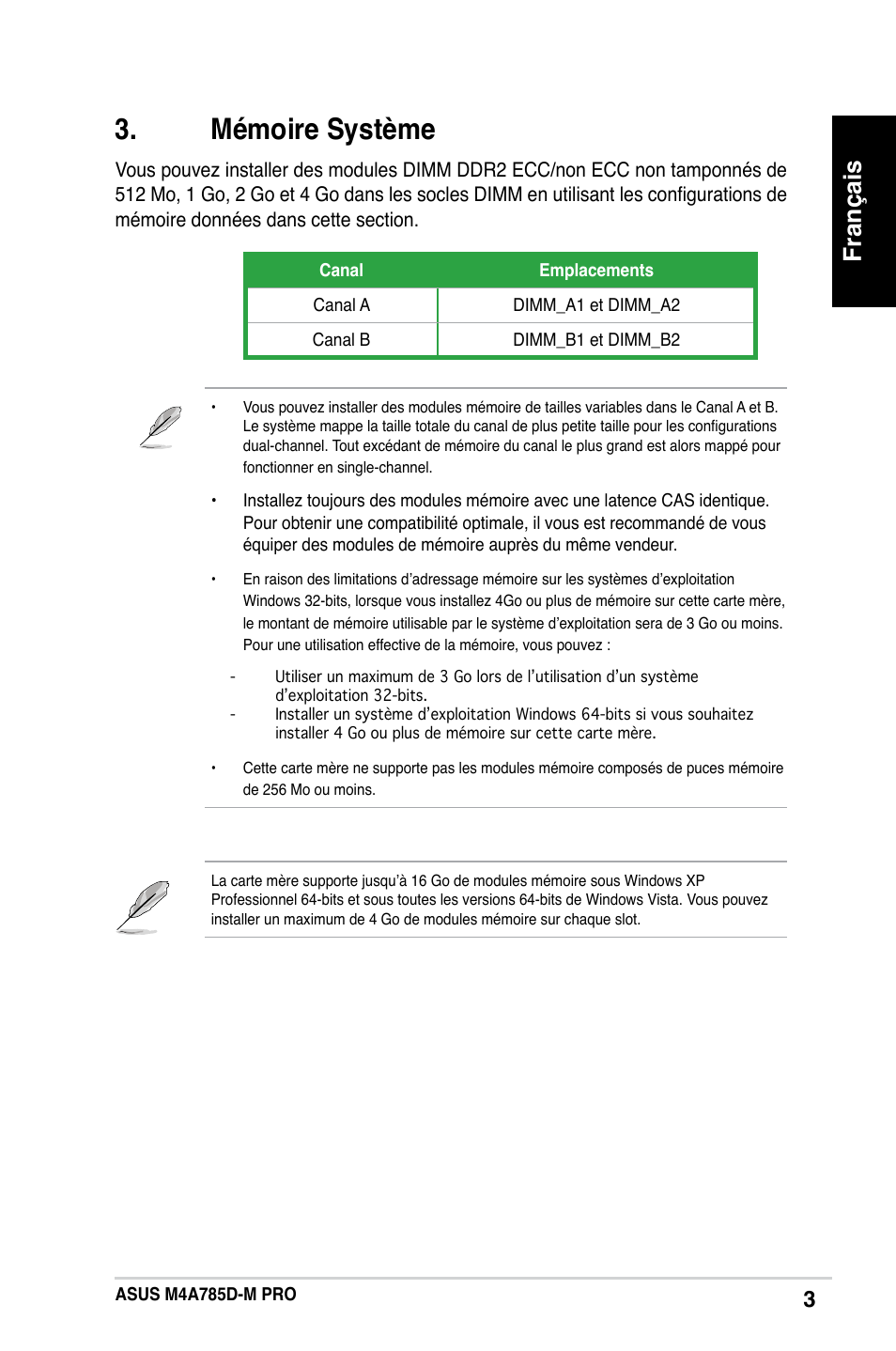 Mémoire système, Français | Asus M4A785D-M PRO User Manual | Page 3 / 38