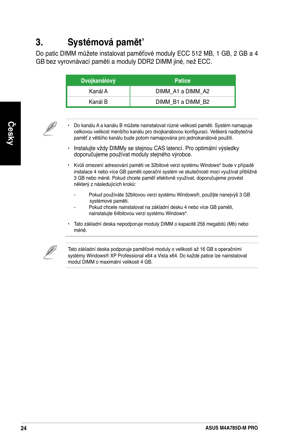 Systémová pamět, Česky | Asus M4A785D-M PRO User Manual | Page 33 / 38