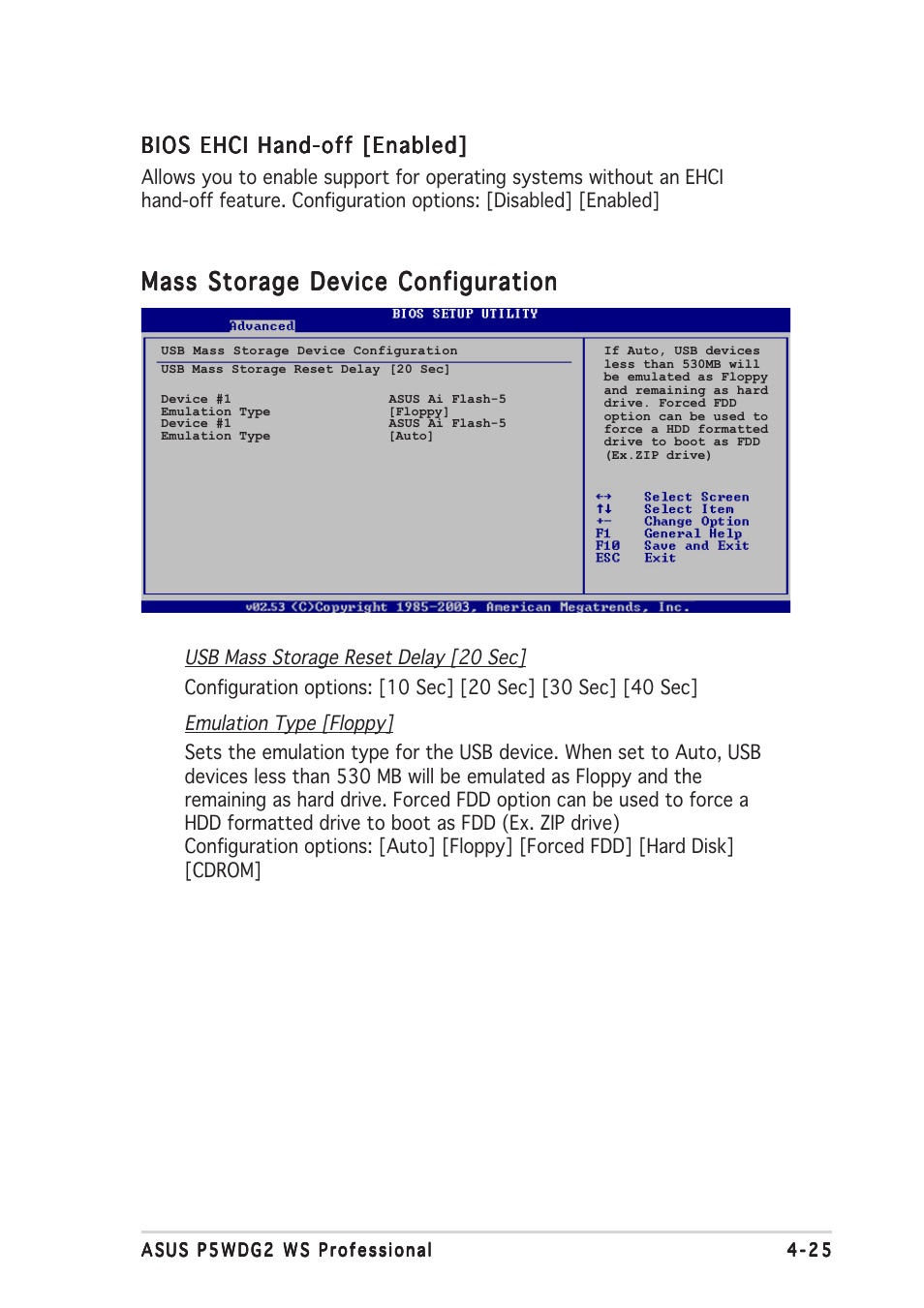 Mass storage device configuration, Bios ehci hand-off [enabled | Asus P5WDG2 WS Professional User Manual | Page 101 / 172