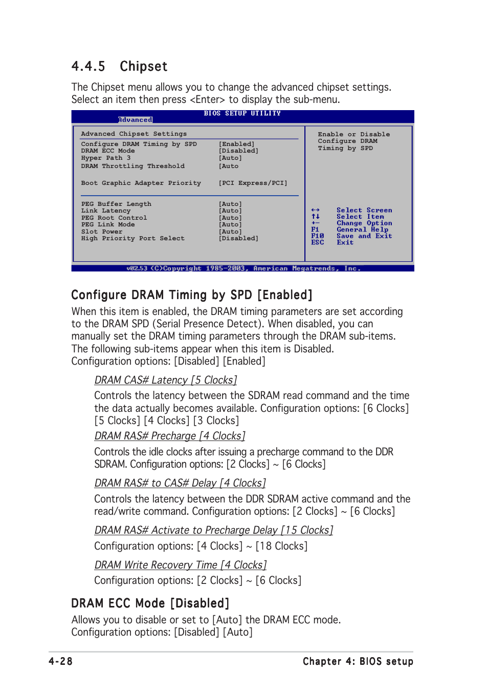 5 chipset chipset chipset chipset chipset, Configure dram timing by spd [enabled, Dram ecc mode [disabled | Asus P5WDG2 WS Professional User Manual | Page 104 / 172