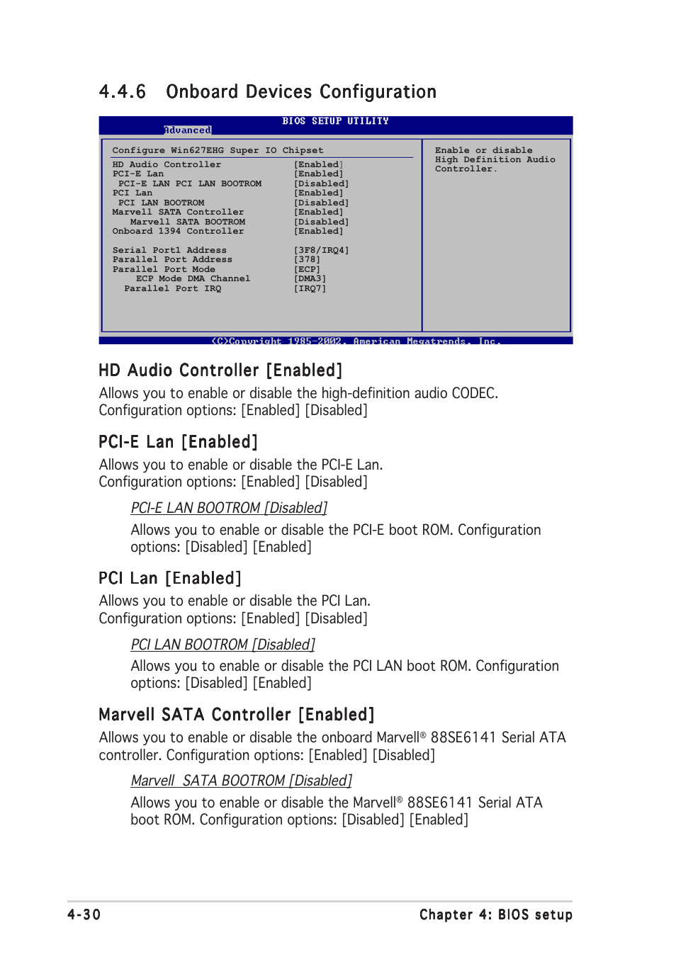 Hd audio controller [enabled, Pci-e lan [enabled, Pci lan [enabled | Marvell sata controller [enabled | Asus P5WDG2 WS Professional User Manual | Page 106 / 172