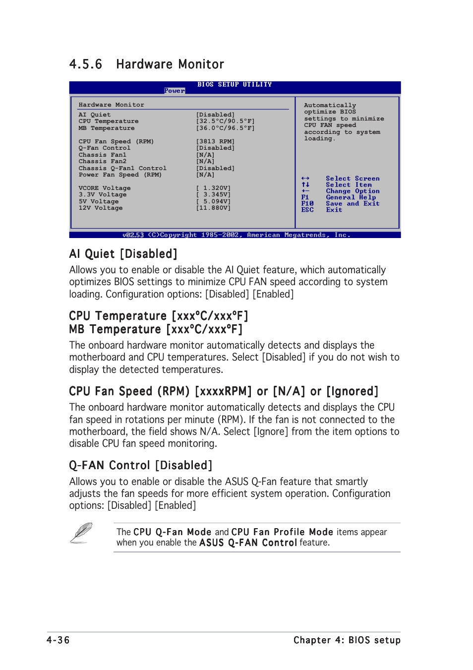 Ai quiet [disabled, Cpu temperature [xxxºc/xxxºf, Q-fan control [disabled | Asus P5WDG2 WS Professional User Manual | Page 112 / 172