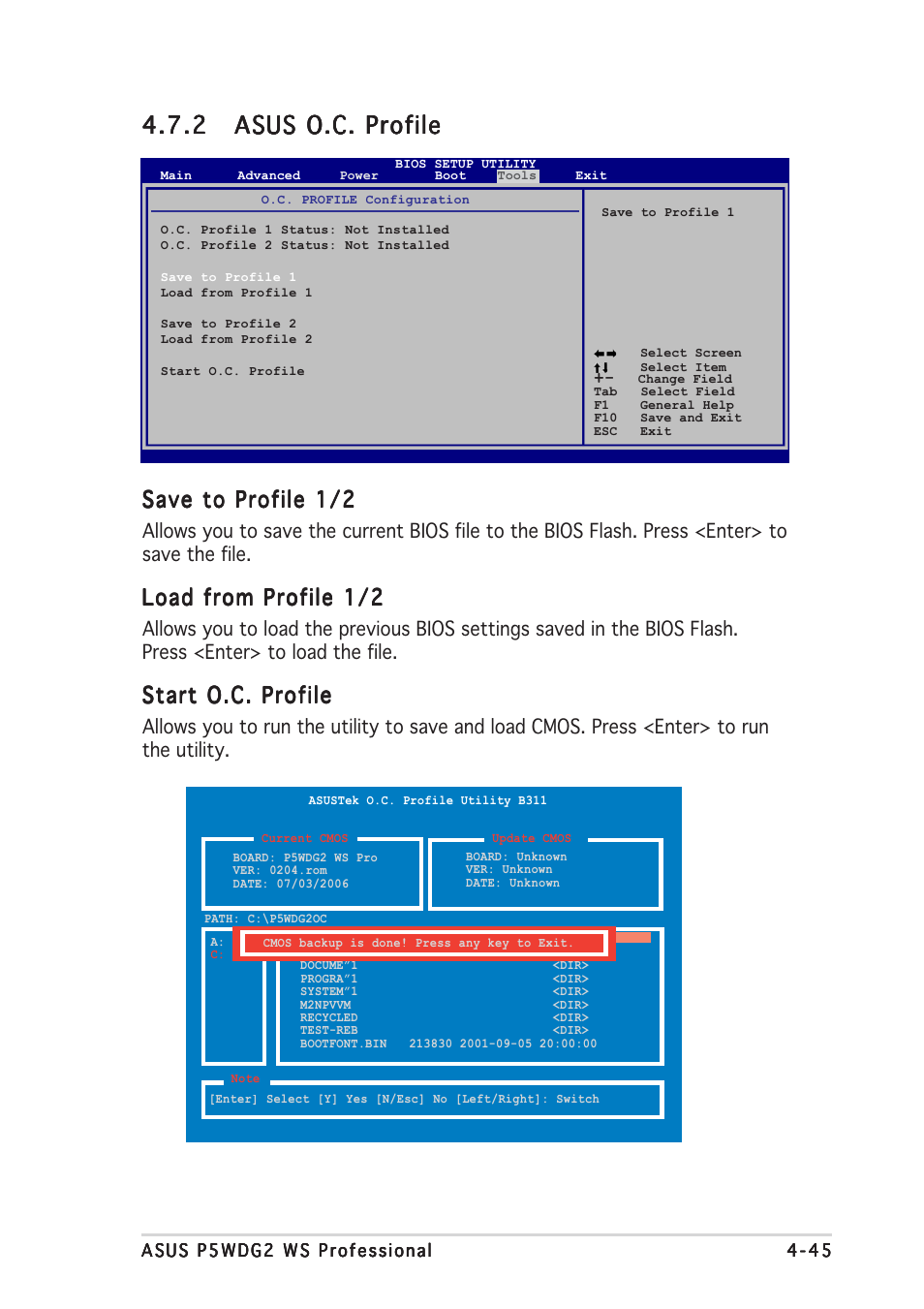 Save to profile 1/2, Load from profile 1/2, Start o.c. profile | Asus P5WDG2 WS Professional User Manual | Page 121 / 172