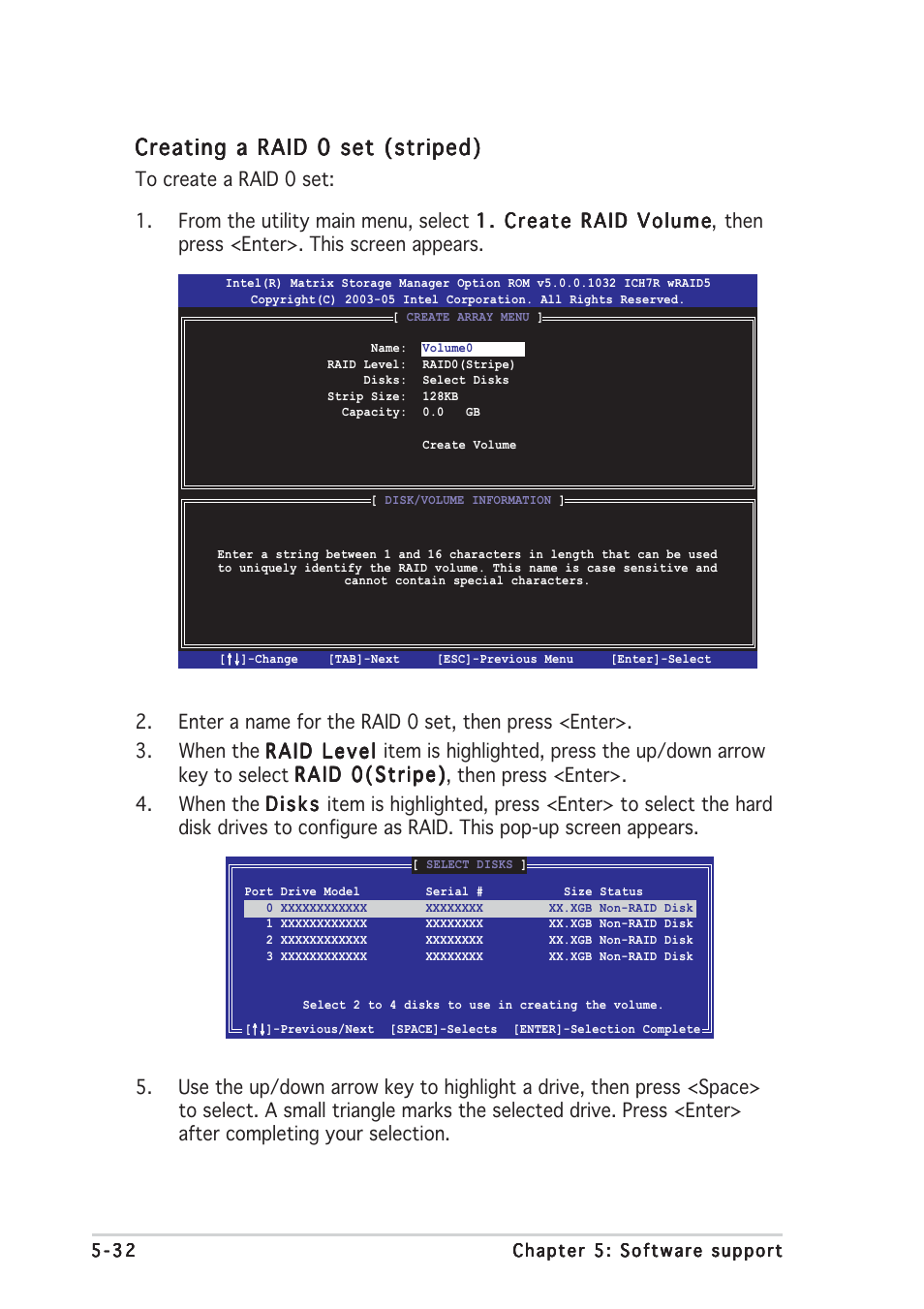 Creating a raid 0 set (striped) | Asus P5WDG2 WS Professional User Manual | Page 156 / 172