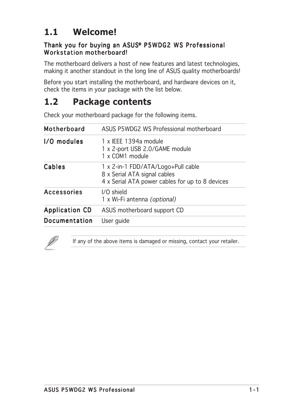 1 welcome, 2 package contents | Asus P5WDG2 WS Professional User Manual | Page 17 / 172