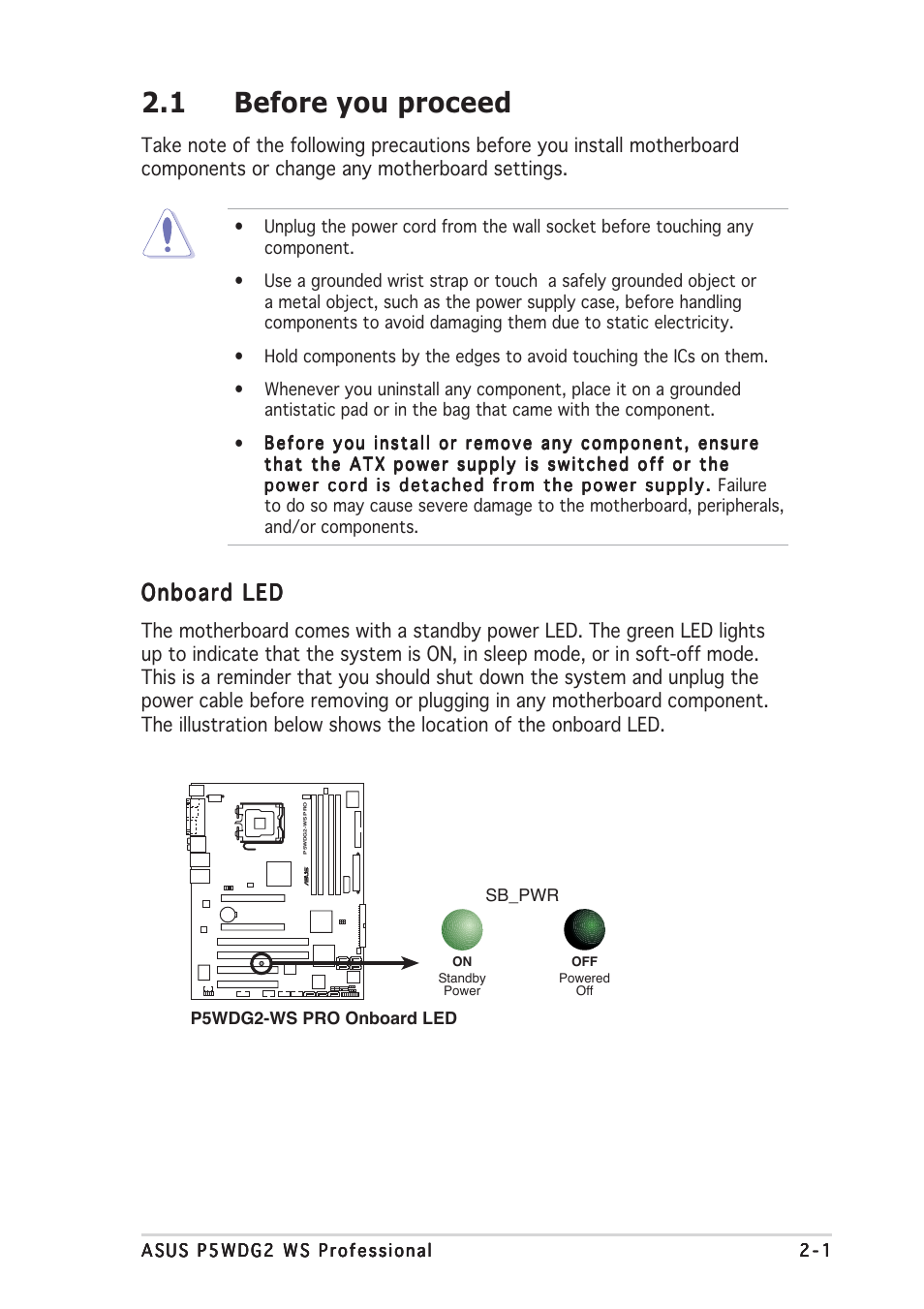 1 before you proceed, Onboard led | Asus P5WDG2 WS Professional User Manual | Page 27 / 172