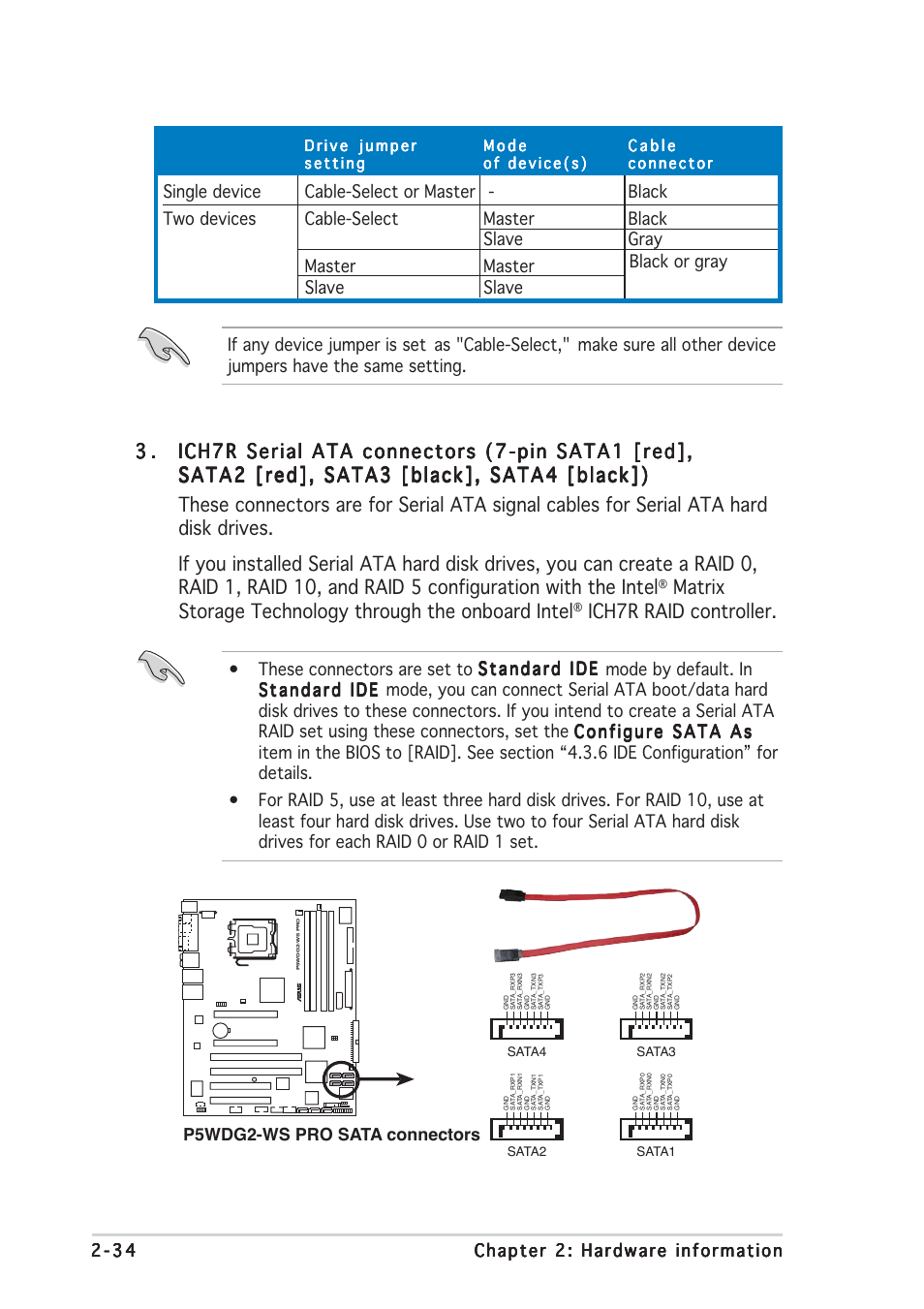 Ich7r raid controller, P5wdg2-ws pro sata connectors | Asus P5WDG2 WS Professional User Manual | Page 60 / 172