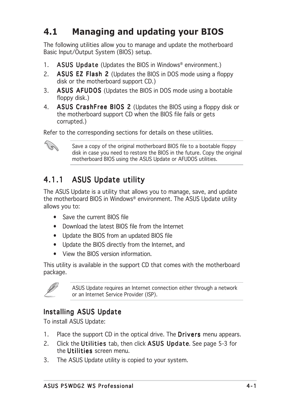 1 managing and updating your bios | Asus P5WDG2 WS Professional User Manual | Page 77 / 172