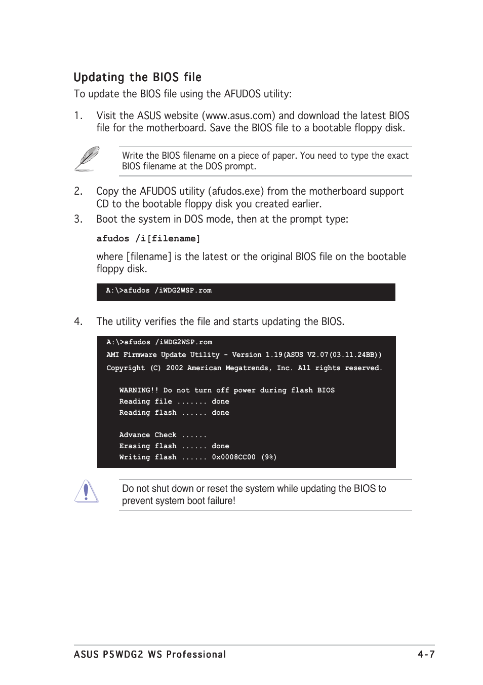 Updating the bios file | Asus P5WDG2 WS Professional User Manual | Page 83 / 172