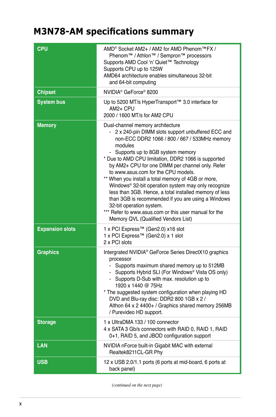 M3n78-am specifications summary | Asus M3N78-AM User Manual | Page 10 / 102