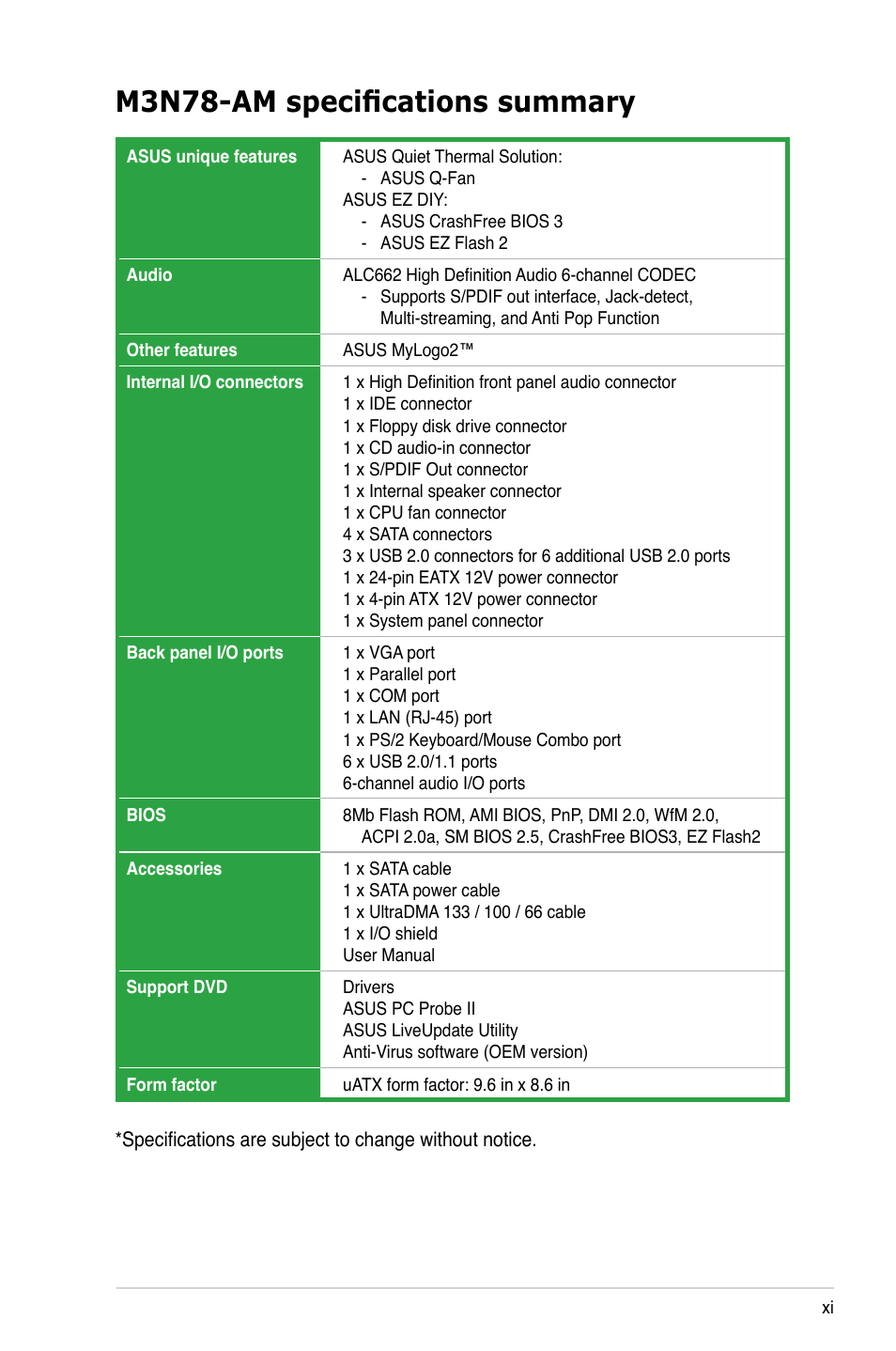 M3n78-am specifications summary | Asus M3N78-AM User Manual | Page 11 / 102