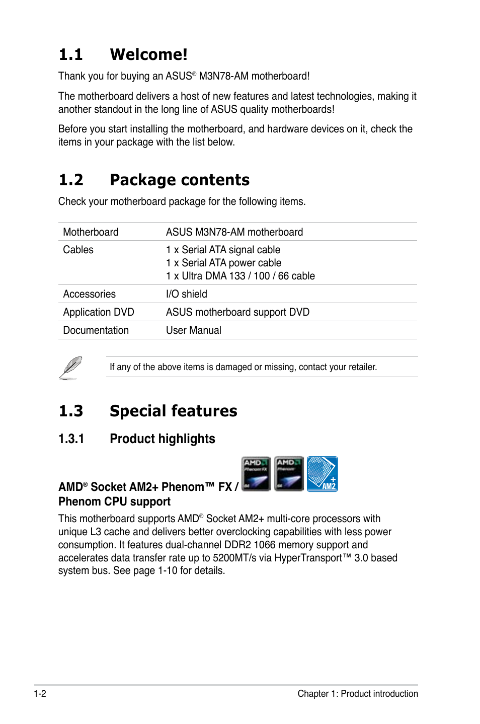 1 welcome, 2 package contents, 3 special features | 1 product highlights, Welcome! -2, Package contents -2, Special features -2 1.3.1, Product highlights -2 | Asus M3N78-AM User Manual | Page 14 / 102