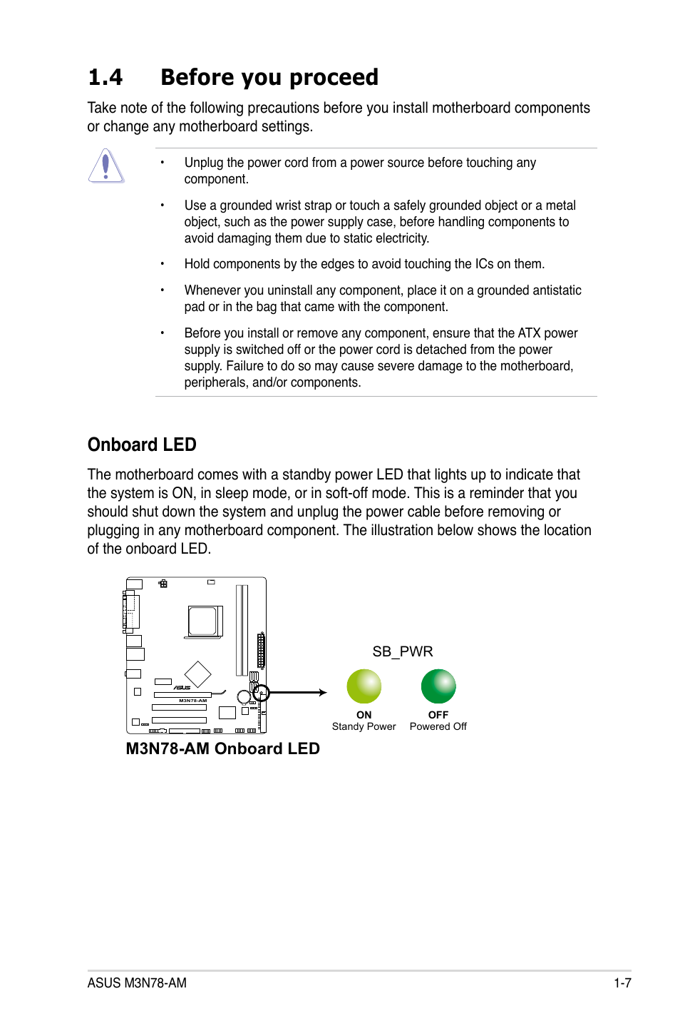 4 before you proceed, Before you proceed -7, Onboard led | M3n78-am onboard led | Asus M3N78-AM User Manual | Page 19 / 102