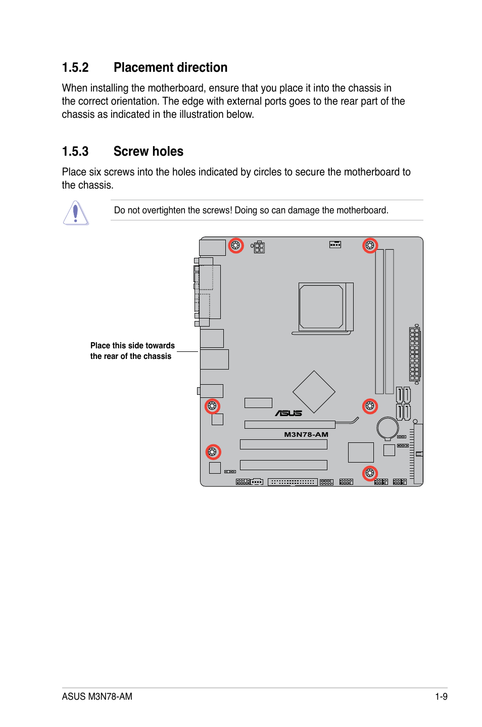 2 placement direction, 3 screw holes, Placement direction -9 | Screw holes -9 | Asus M3N78-AM User Manual | Page 21 / 102