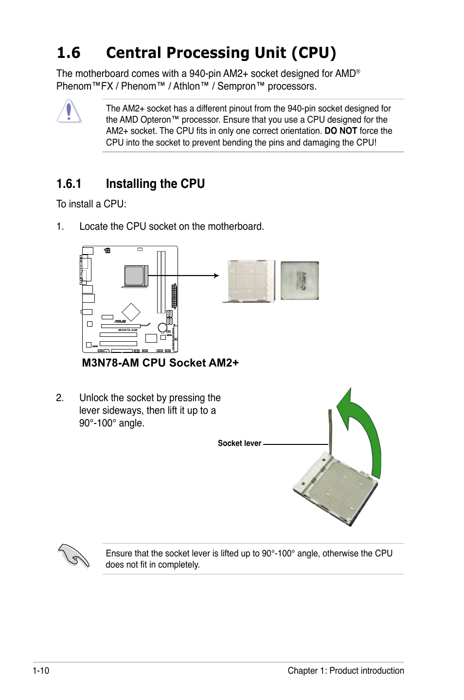 6 central processing unit (cpu), 1 installing the cpu, Central processing unit (cpu) -10 1.6.1 | Installing the cpu -10 | Asus M3N78-AM User Manual | Page 22 / 102