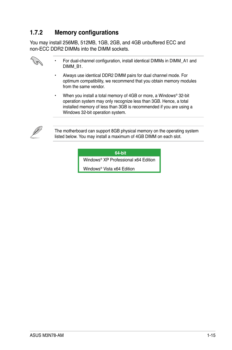 2 memory configurations, Memory configurations -15 | Asus M3N78-AM User Manual | Page 27 / 102