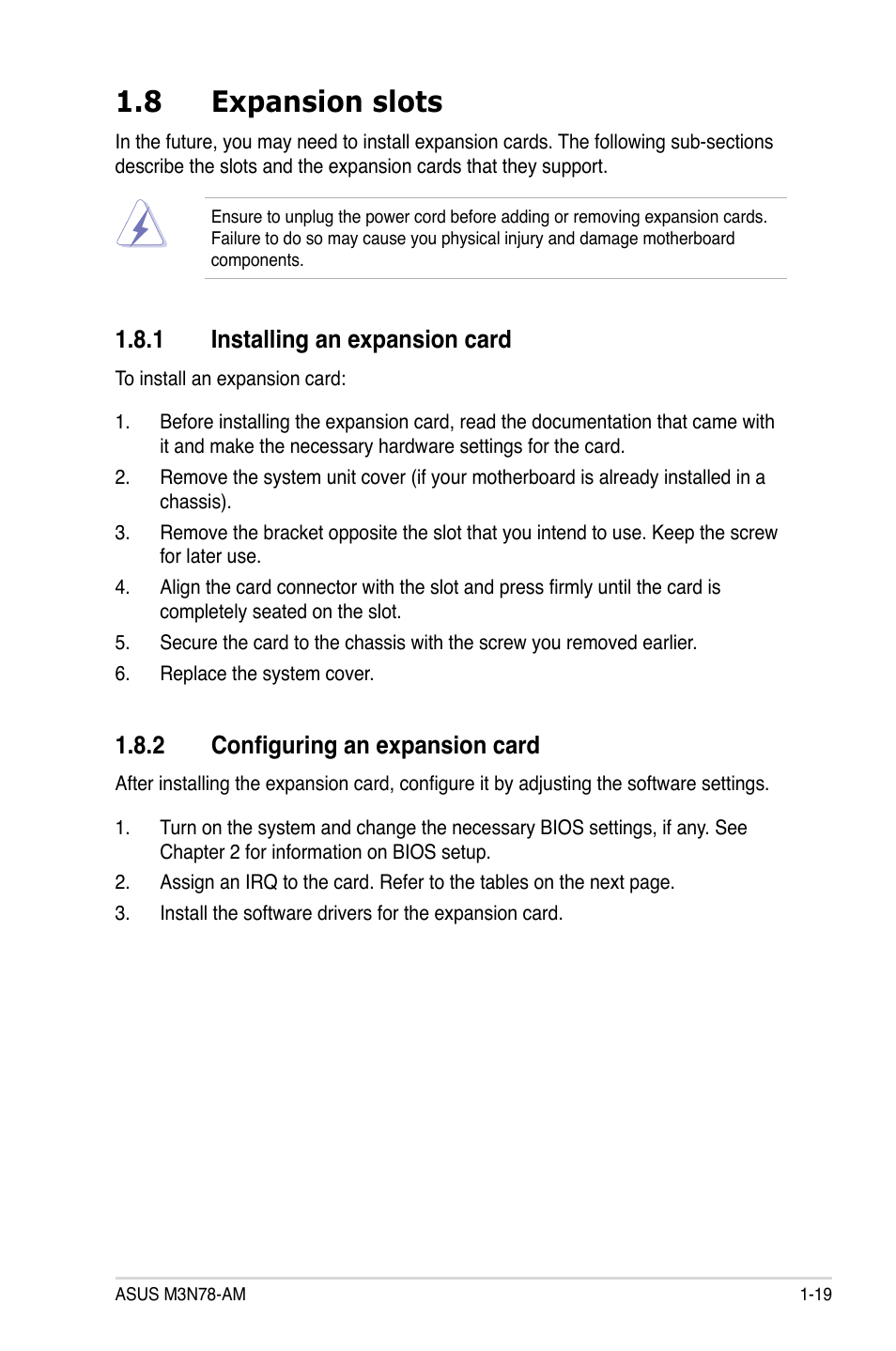 8 expansion slots, 1 installing an expansion card, 2 configuring an expansion card | Expansion slots -19 1.8.1, Installing an expansion card -19, Configuring an expansion card -19 | Asus M3N78-AM User Manual | Page 31 / 102