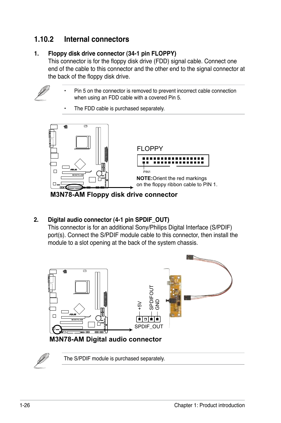 2 internal connectors, 2 internal connectors -26, M3n78-am floppy disk drive connector | M3n78-am digital audio connector, Floppy | Asus M3N78-AM User Manual | Page 38 / 102