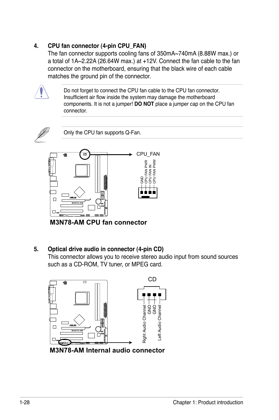 M3n78-am cpu fan connector, M3n78-am internal audio connector, 28 chapter 1: product introduction | Asus M3N78-AM User Manual | Page 40 / 102