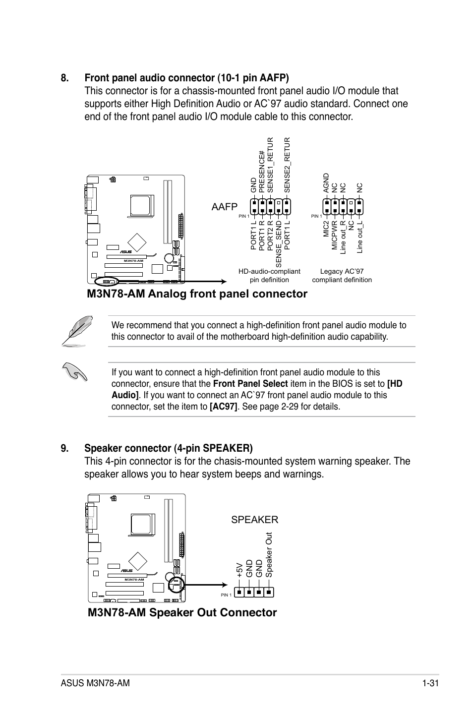 M3n78-am analog front panel connector, M3n78-am speaker out connector, Aafp | Speaker | Asus M3N78-AM User Manual | Page 43 / 102