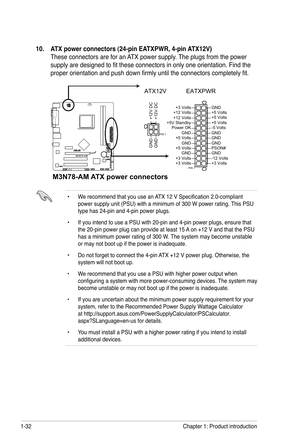 M3n78-am atx power connectors | Asus M3N78-AM User Manual | Page 44 / 102