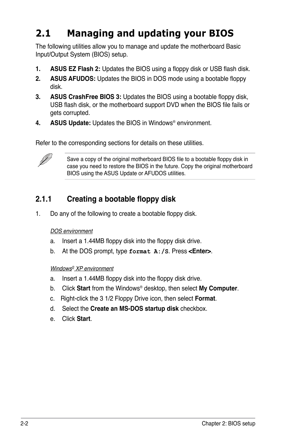 1 managing and updating your bios, 1 creating a bootable floppy disk, Managing and updating your bios -2 2.1.1 | Creating a bootable floppy disk -2 | Asus M3N78-AM User Manual | Page 48 / 102