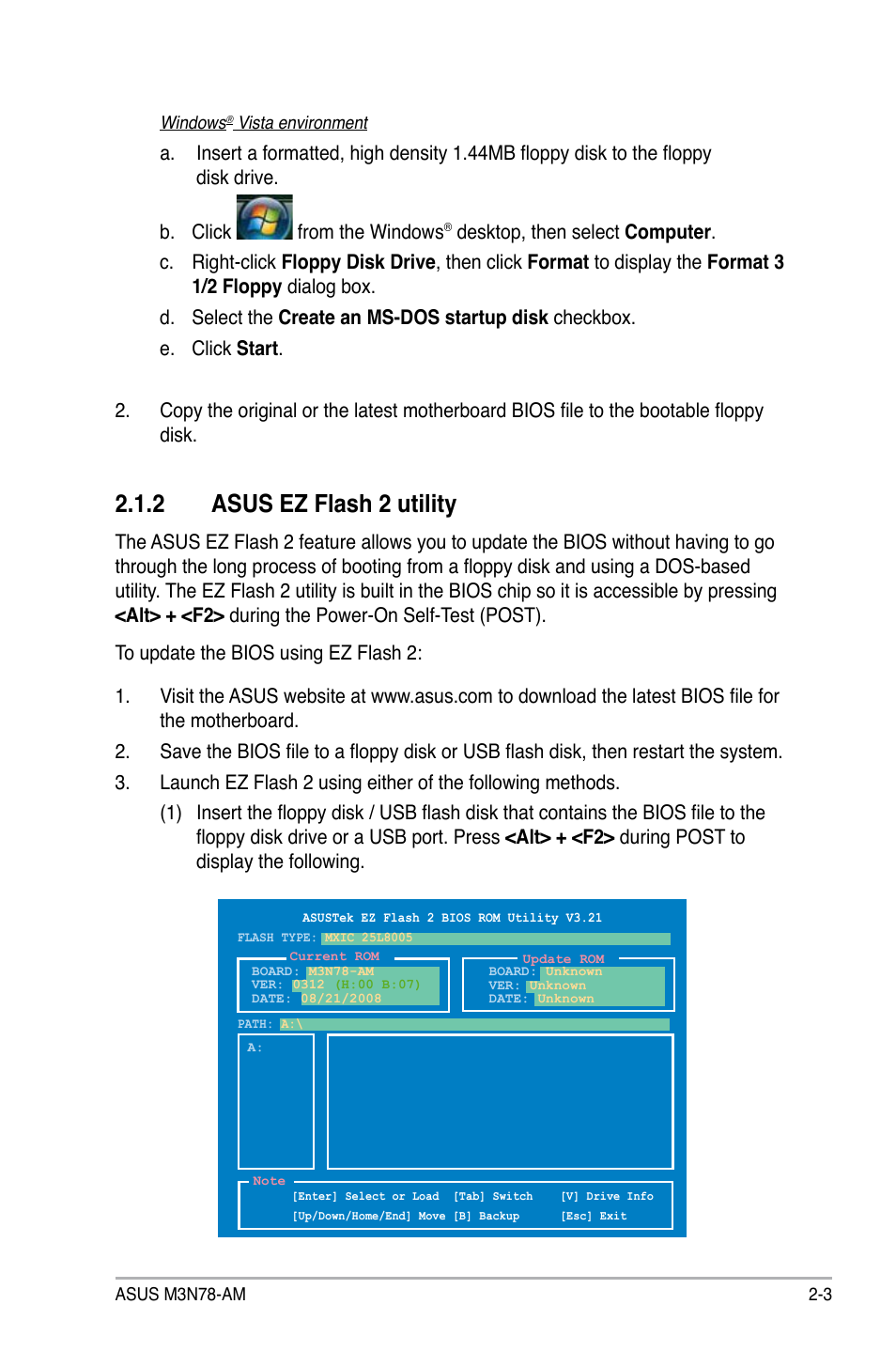 2 asus ez flash 2 utility, Asus ez flash 2 utility -3 | Asus M3N78-AM User Manual | Page 49 / 102