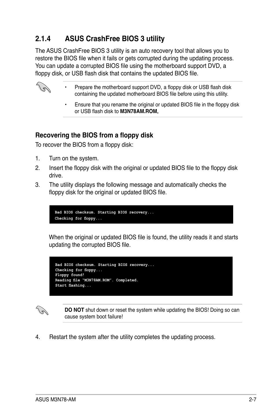 4 asus crashfree bios 3 utility, Asus crashfree bios 3 utility -7, Recovering the bios from a floppy disk | Asus M3N78-AM User Manual | Page 53 / 102