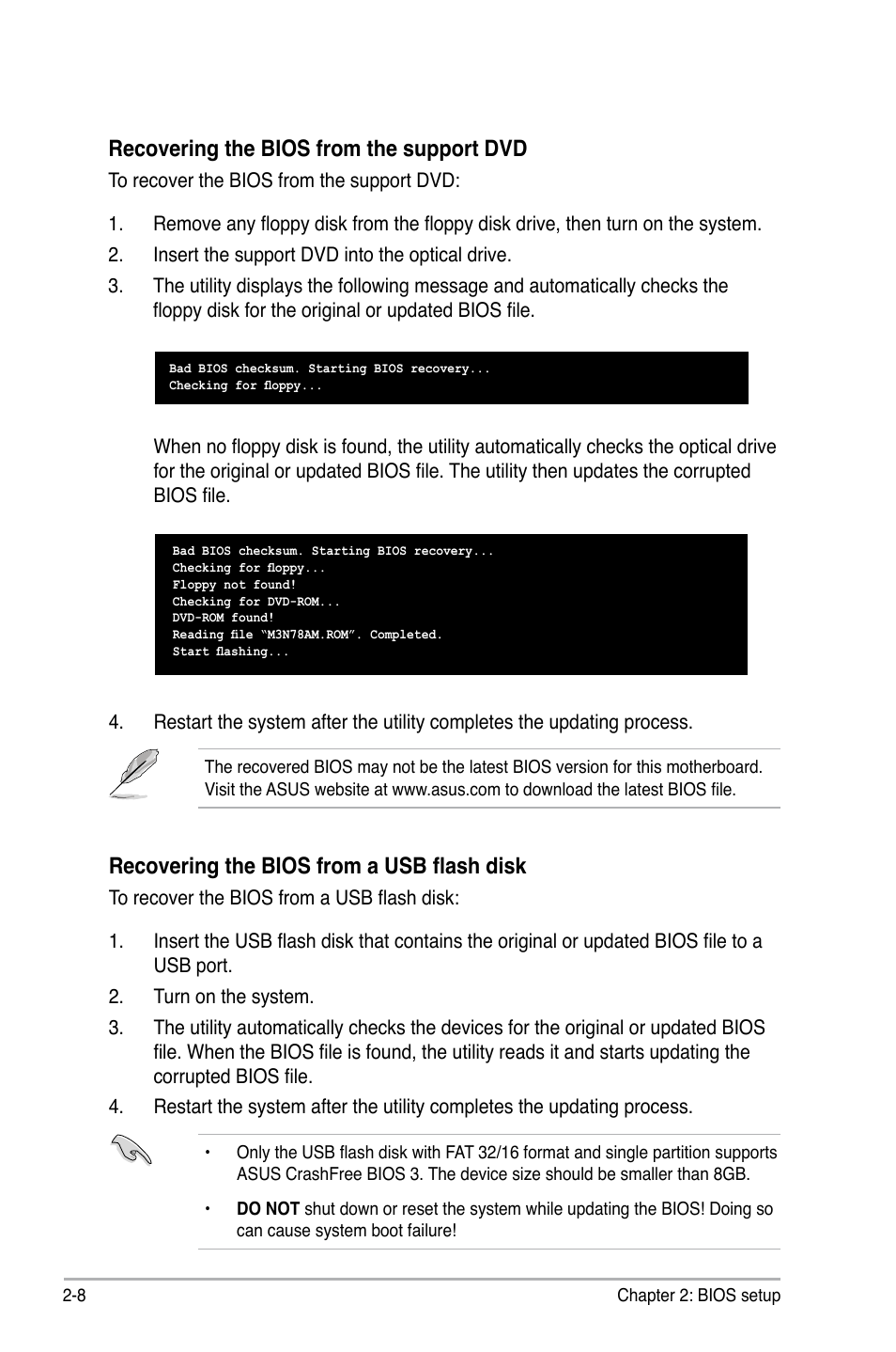 Recovering the bios from the support dvd, Recovering the bios from a usb flash disk | Asus M3N78-AM User Manual | Page 54 / 102