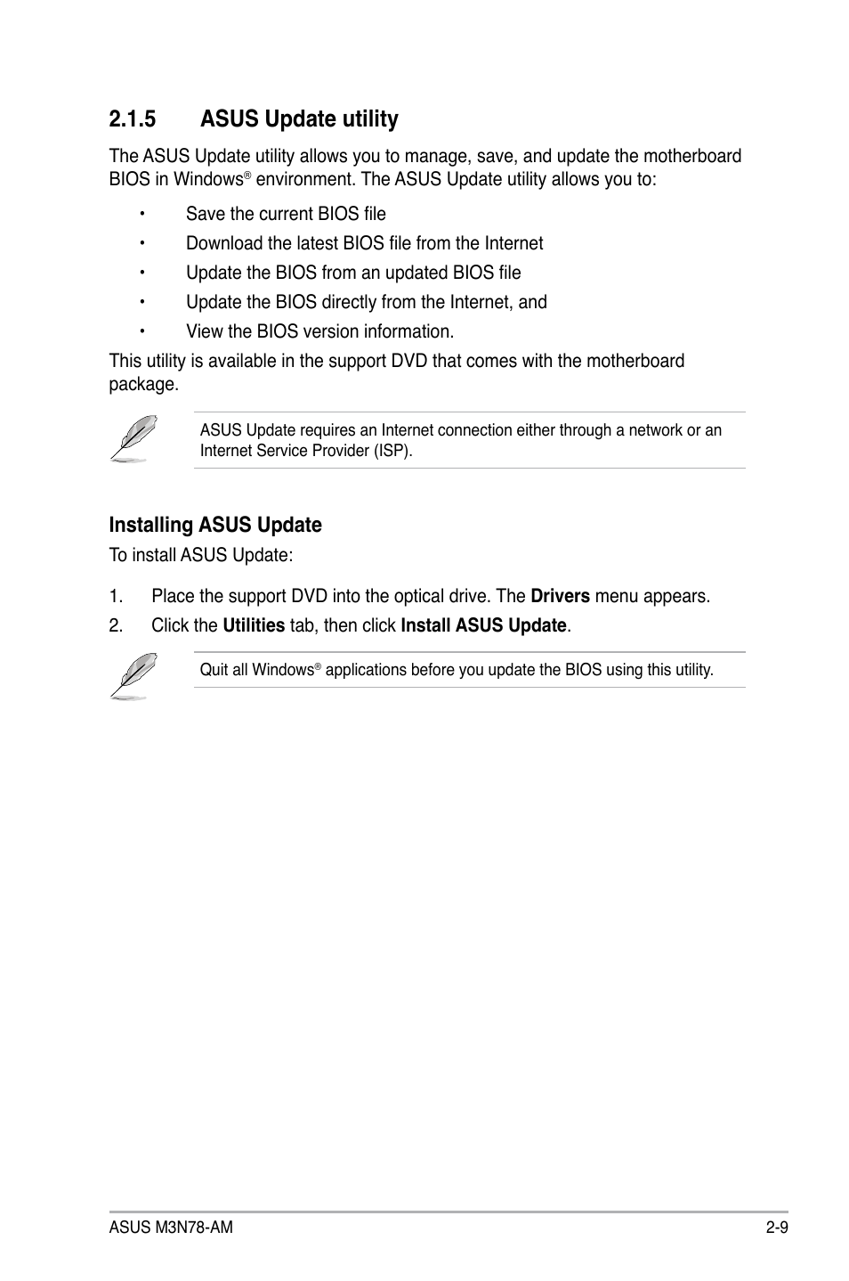 5 asus update utility, Asus update utility -9, Installing asus update | Asus M3N78-AM User Manual | Page 55 / 102