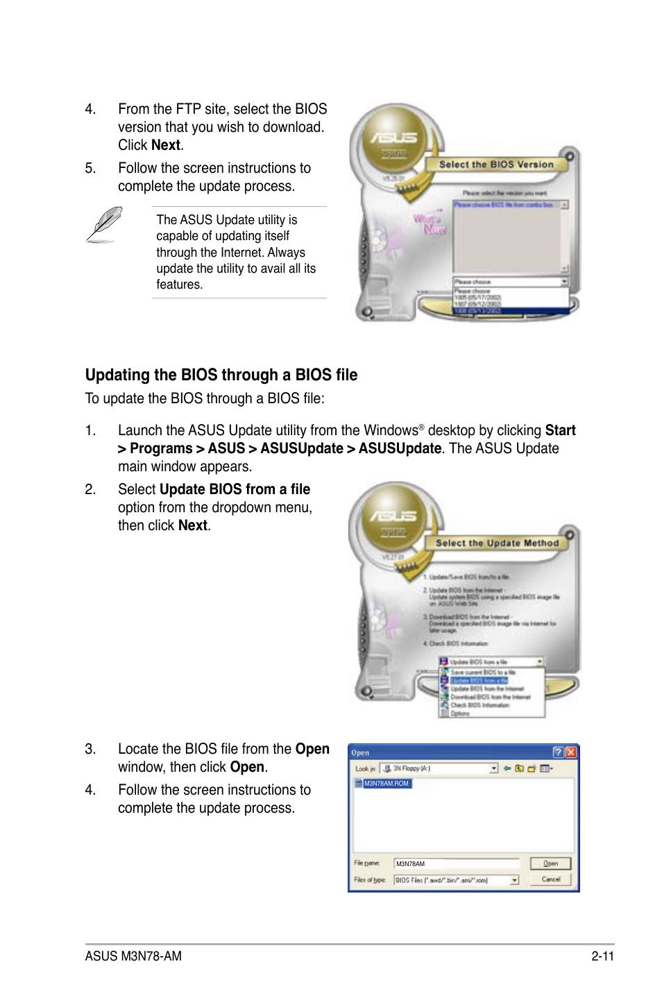 Updating the bios through a bios file | Asus M3N78-AM User Manual | Page 57 / 102