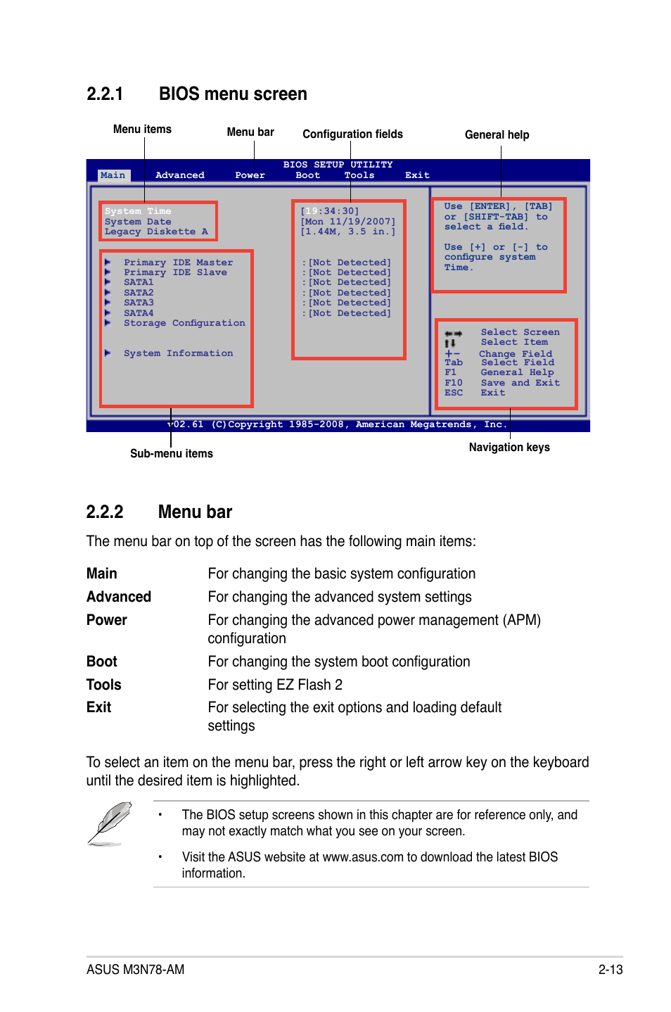 1 bios menu screen, 2 menu bar, Bios menu screen -13 | Menu bar -13 | Asus M3N78-AM User Manual | Page 59 / 102